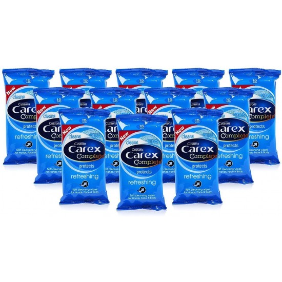12x Cussons CAREX Refreshing Cleansing WIPES Hand Face & Body 15's Pocket Travel