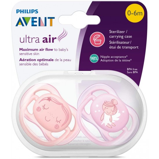 Philips Avent Ultra Air Pacifier, 0-6 months, contemporary decos, pink/peach, 2 pack, SCF345/20
